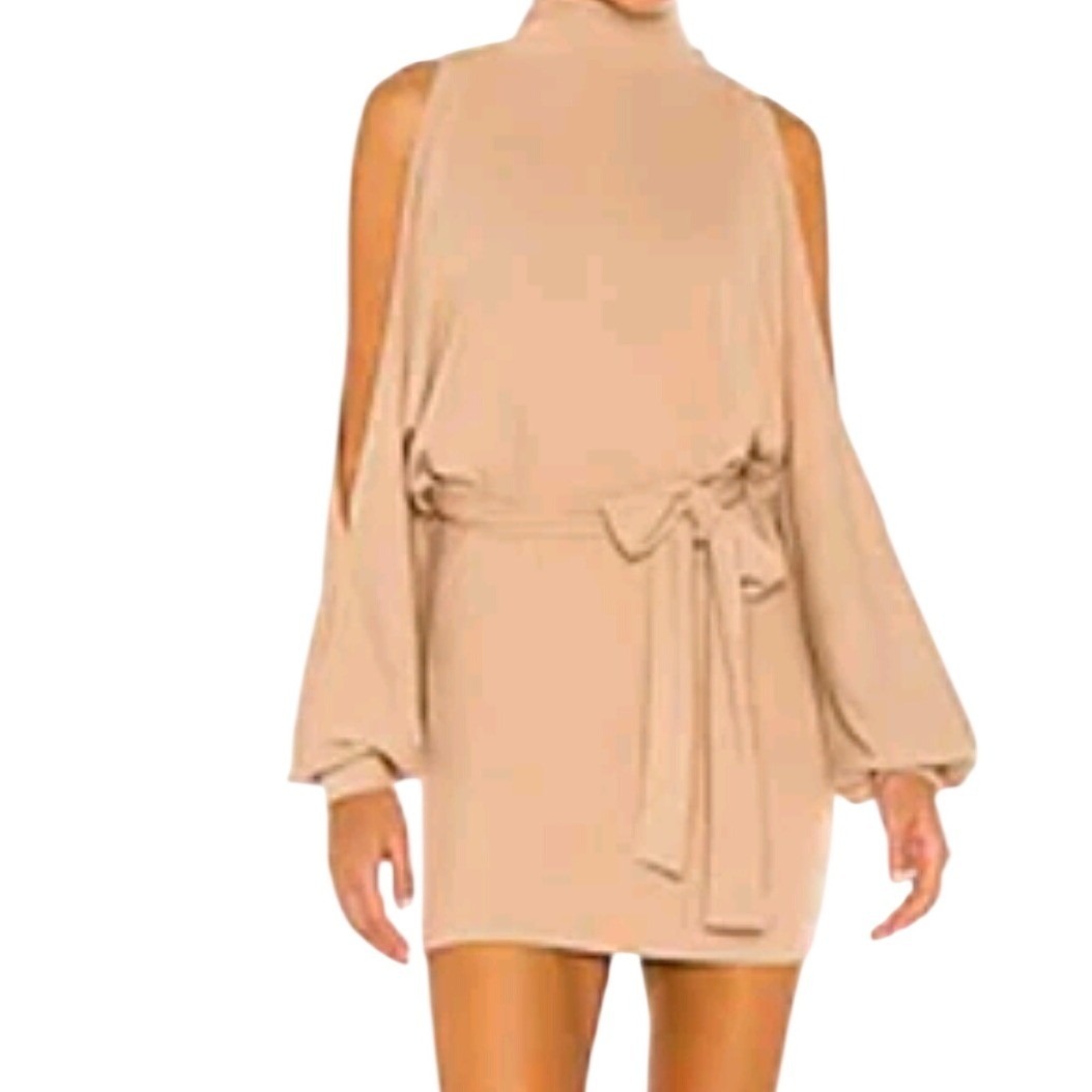 Lovers & Friends Brown Ribbed Mock Neck Open Shoulder Mini Dress Small Nwt *Flaw